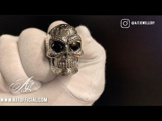 Mens Huge Silver Sugar Skull Ring | Black Gemstones | AJT Jewellery