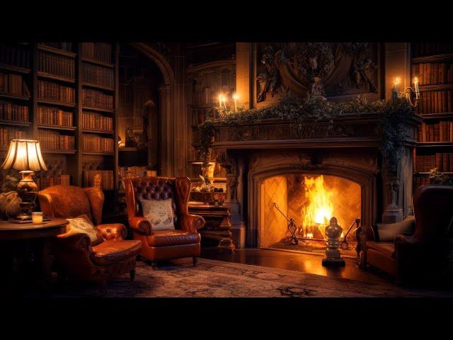 Library Fireplace Ambience | Fireplace Sounds for Study and Stress Relief | 6 Hours