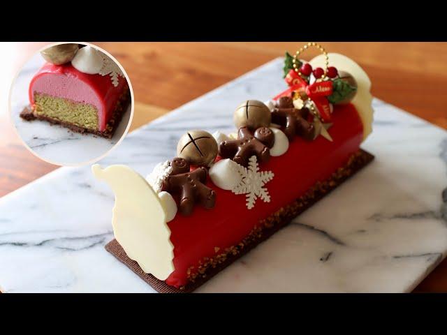 I will teach you how to make this Festive Yule Log Cake | Pistachio Financier, Raspberry mousse