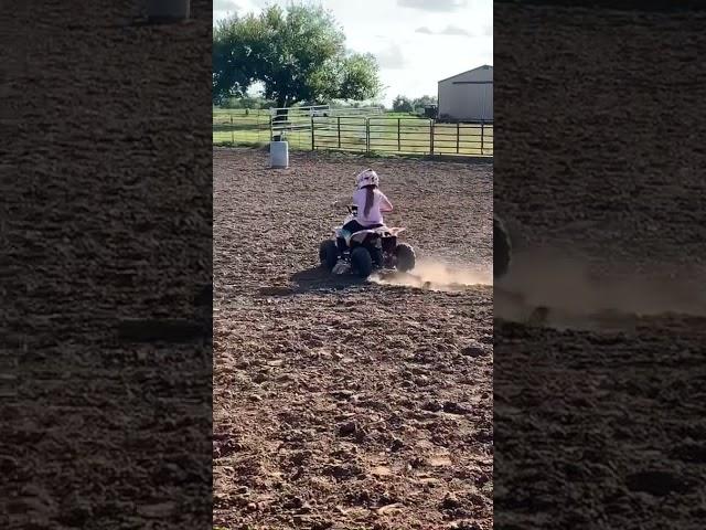 Paisley tries barrel racing with a 4 wheeler… but ChicaLinda was faster!  Horse wins!