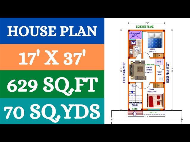 HOUSE PLAN 17' X 37’ / 629 SQ.FT / 70 SQ.YDS / 58 SQ.M / 70 GAJ / GHAR KA NAKSHA