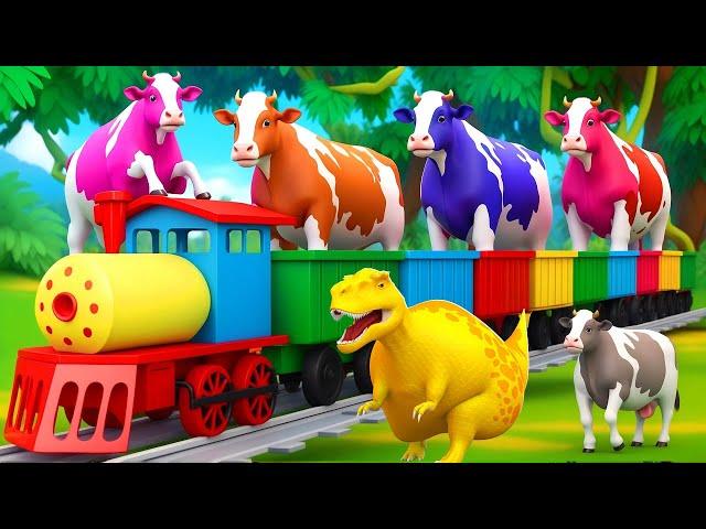 5 Color Cows Paint & Transform: T Rex Train Transport | Epic Farm Animal Rescue Mission