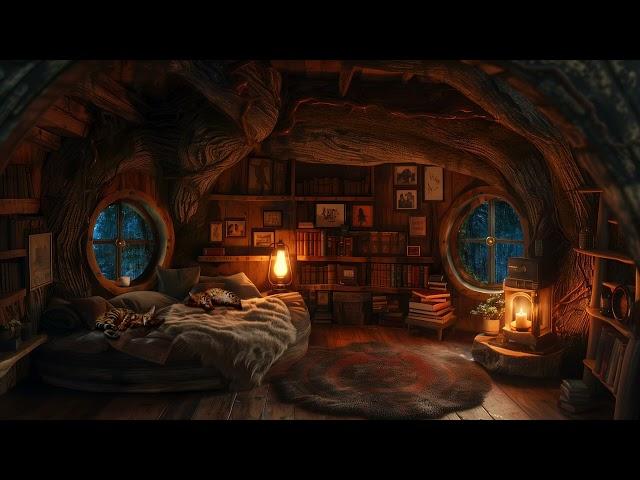 Rainy Day in a Cozy Treehouse Room - Warm Lanterns, Cushions & Sleeping Cat