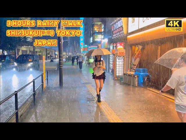 【4k hdr】 3 Hours Heavy Rain Walk in Shinjuku（新宿）Tokyo Japan | Relaxing Natural City ambience