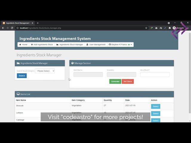 Ingredients Stock Management System in PHP MySQL with Source Code - CodeAstro