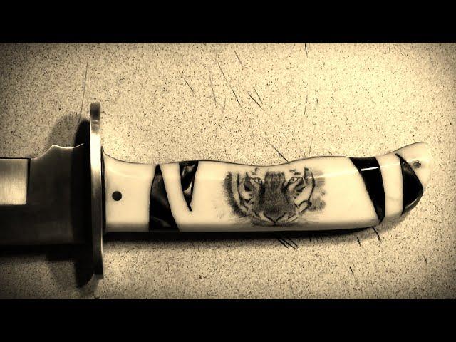 Knife Making - Scrimshaw - Face of a Tiger on a Knife Handle