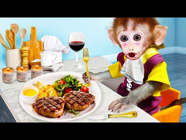 Cute Baby Monkey Bi Bon goes shopping at the Surpermarket and cooking beefsteak with puppy and cat