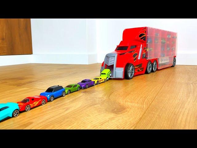 Lot of Tomica Cars sliding down from big red truck Transporter #2