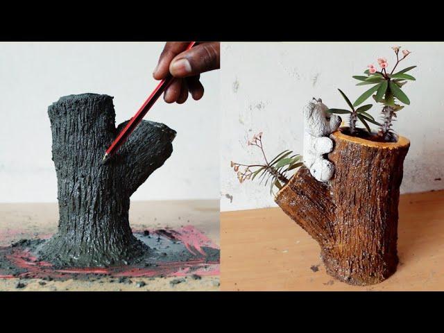 Amazing cement craft ideas | How to make tree stump planters from Plastic bottle