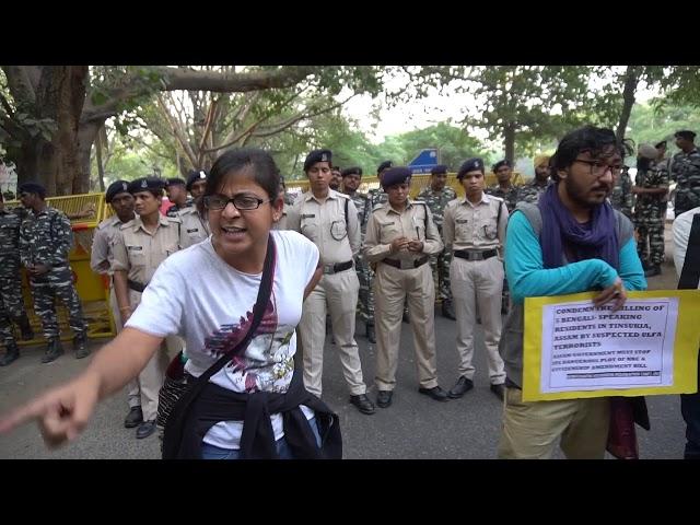 Sarika Choudhary protesting at Assam Bhavan against the killing of five Bengali-speaking people