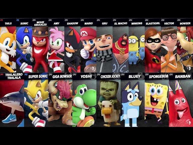 Sonic vs Mario vs Bowser vs Tralalero Tralala vs Chicken Jockey vs Bluey | Super Smash Bros Ultimate