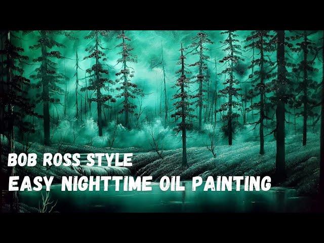 Simple Nighttime Forest Oil Painting - Misty Forest Painting