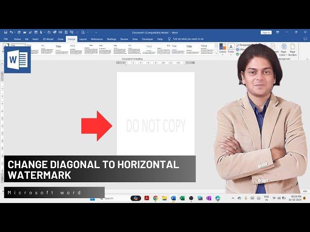 how to change diagonal to horizontal watermark in Microsoft word?