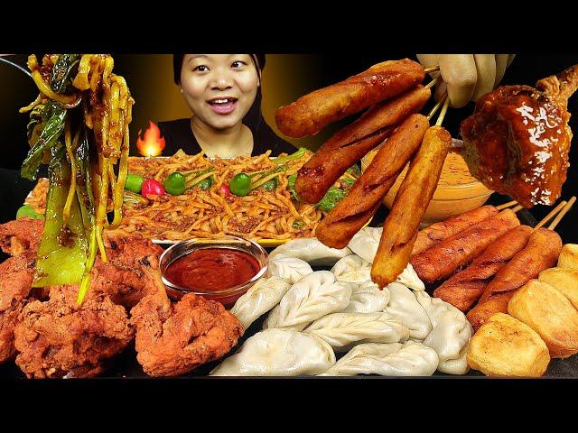 Nepali Street Food Mukbang | Eating Extremely Spicy Keema Noodles, Sausages, Chicken Lollypop & MOMO