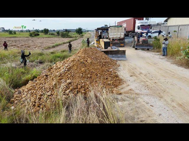 Nicely First Start Project!! Technique Operator Filling Land By D31P KOMATSU Dozer With Dump Trucks