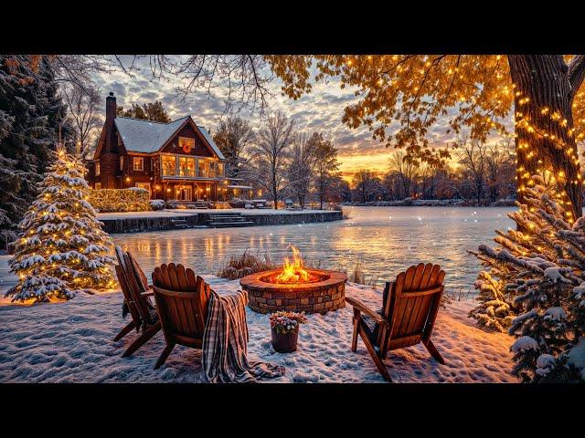 Cozy Winter Christmas Lakeside Cottage with Calm Snowfall, Crackling Fire Pit and Nature Sounds