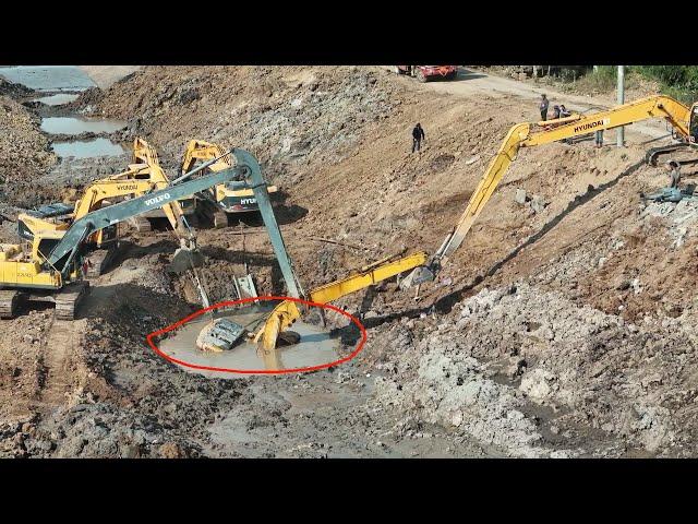 Amazing Recovery Long Arm Excavator Stuck In Deep Mud, 5 Excavator Help