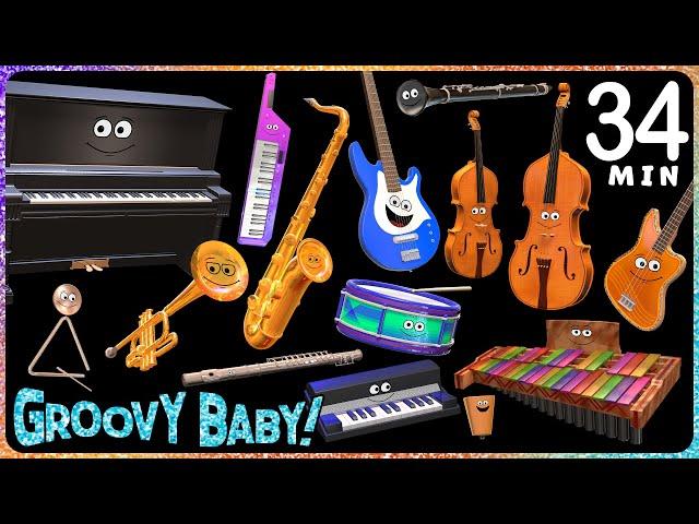 34 Minutes of Baby Sensory Music Videos! – Dancing Animated Instruments Play Five Styles of Music