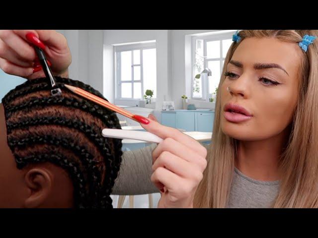 ASMR scratching your scalp between your itchy braids using random objects  (hair play roleplay)