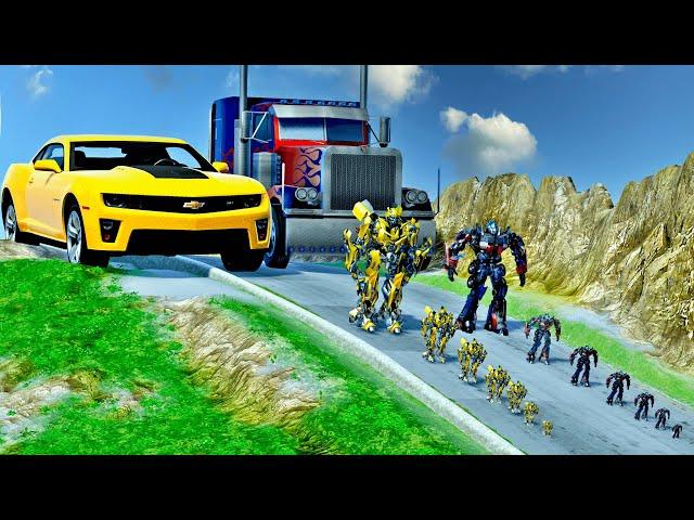 Big & Small Optimus Prime vs Big & Small Bumblebee vs DOWN OF DEATH BeamNG.Drive (Without McQueen)