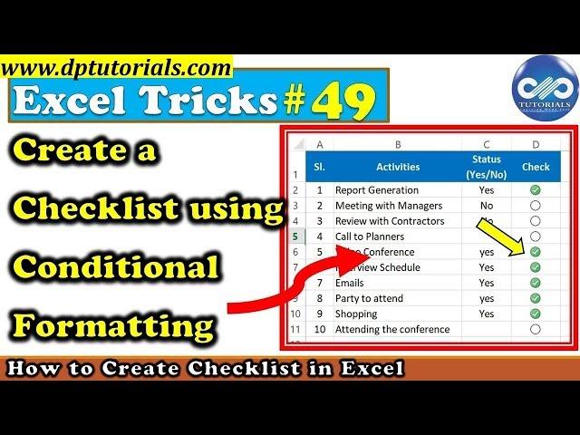 Excel Trick#49 : How to Create a Checklist using Conditional Formatting || Use of Conditional format