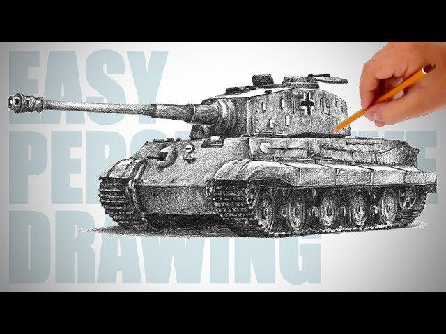 How to draw a tank (Tiger II - Konigstiger) - Easy Perspective Drawing 28