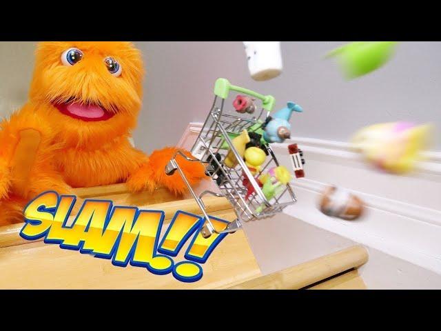 Down you go! Shopkins & Grossery Gang toys go flying!