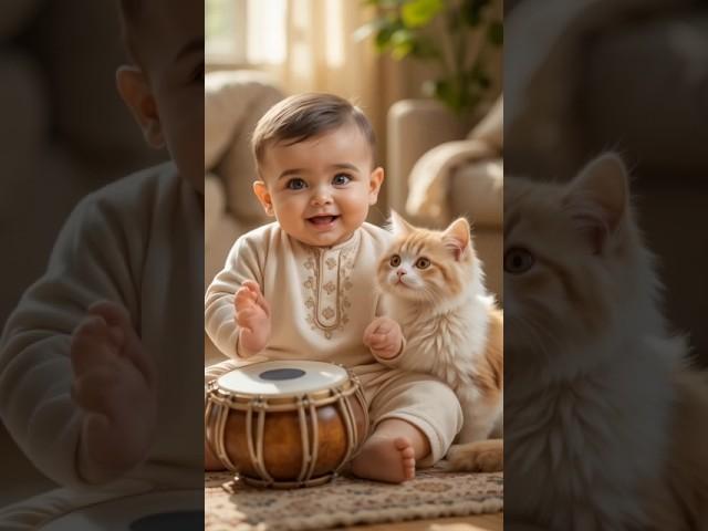 cute baby dholk and cat dance | funny baby | cat shorts | babies shorts