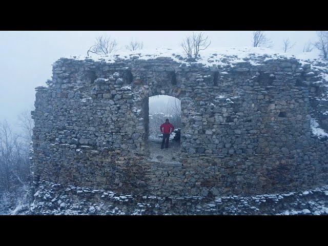 Winter Snowy Day, Mountain, Castle Ruins, River And Abandoned Railway