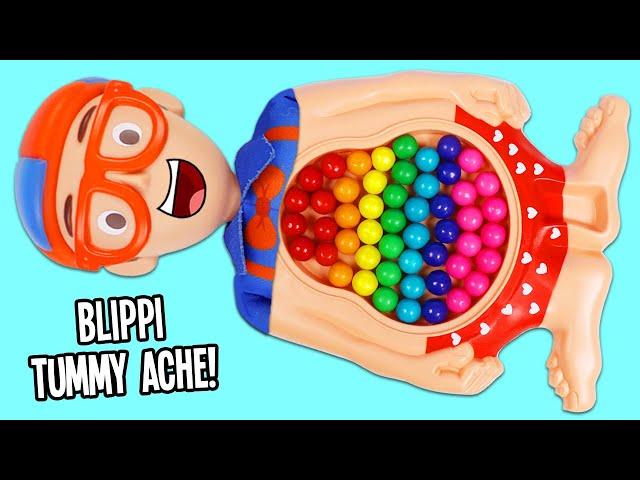 Blippi Eats Too Many Rainbow Gumballs & Visits Toy Ambulance Hospital Play Doh Operation Checkup!