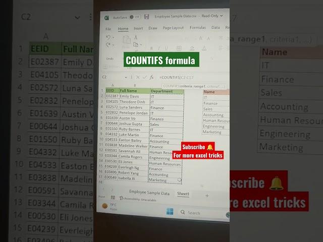 How to count no of employees department wise in excel? l COUNTIFS formula in Excel l excel tutoring