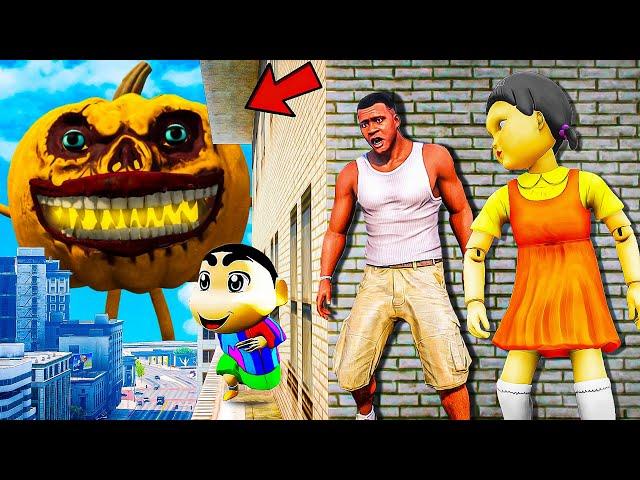 Franklin and Shinchan & Pinchan play HIDE AND KILL with Squid Game Doll In GTA 5