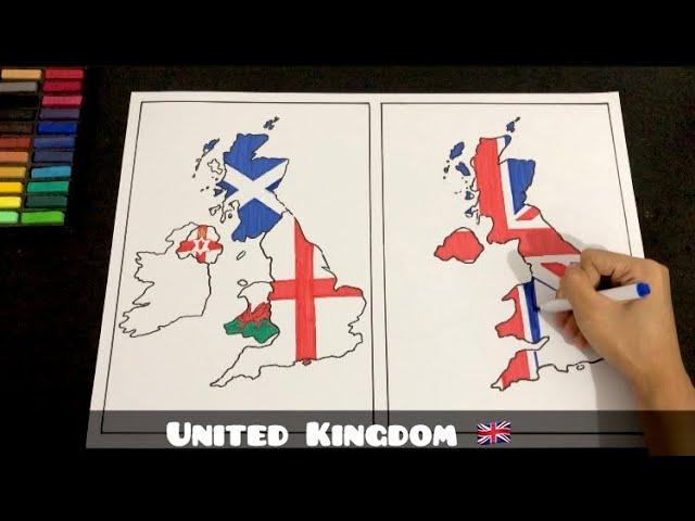 Drawing flag map of the United Kingdom: Wales, Scotland, England, and Northern Ireland 