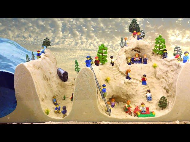 Lego Minifigs In Danger By The Flood - Tsunami Dam Breach Experiment - Wave Machine vs Sea Caves