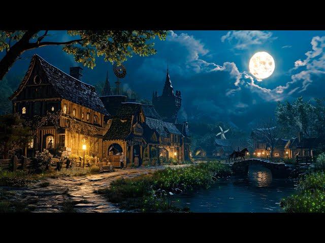 Medieval Village Ambience | Relaxing Medieval Village Sounds at Night, Gentle River, Frogs, Crickets