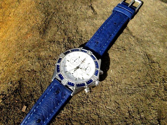 SecTime UK Ostrich Leather AMSTERDAM BLUE Watch Strap on a Breitling