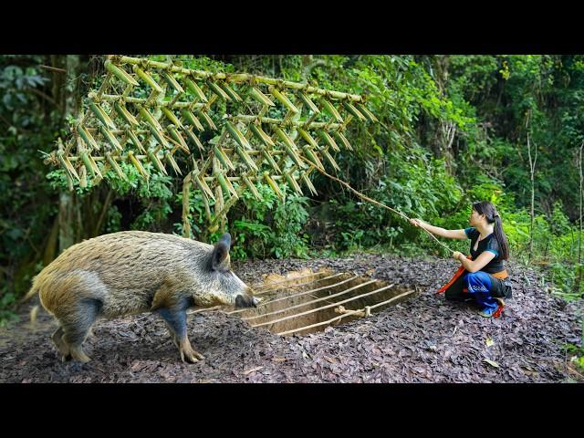 Full Video: Wooden Cabin Shelter, Big Trap Hole, Wild Boar Hunting- 20 Days of Building and Survival