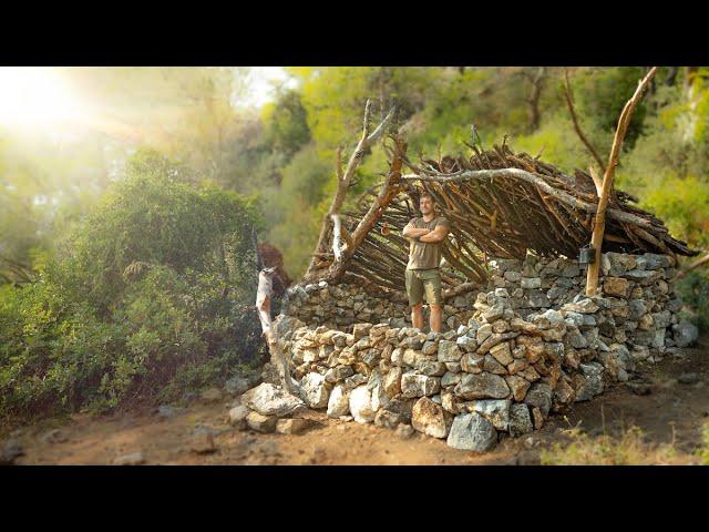 6 Days ALONE In Wild Mediterranean Forest Build STONE AGE Bushcraft Shelter - ASMR