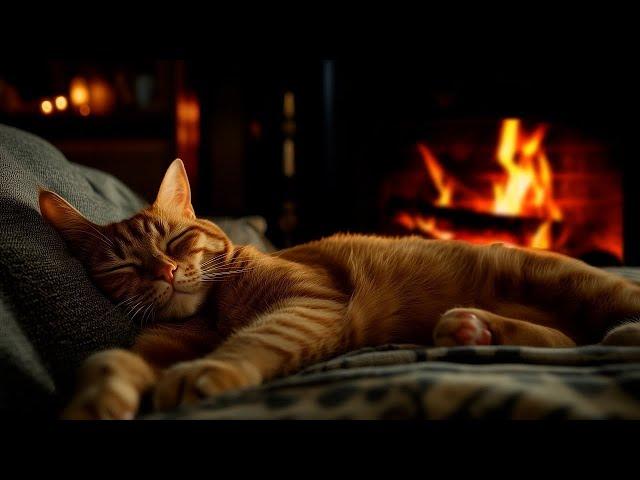 Relaxing with Purring Cat, Crackling Fireplace  Deep Sleep in Cozy Ambience, Stress Relief