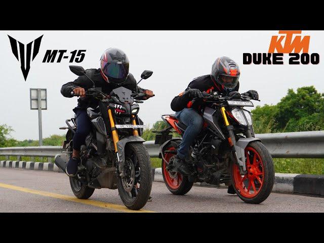 Duke 200 with LED vs MT15 Drag Race," Yamaha MT5 vs KTM Duke 200"