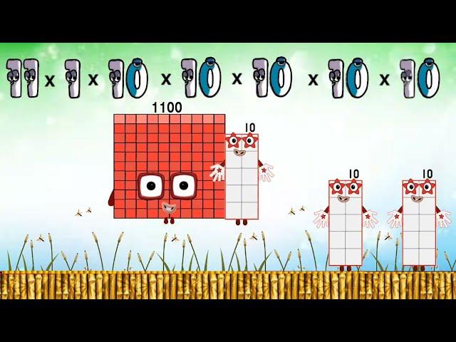 Numberblocks 11 performing multiplication, division and addition across more levels