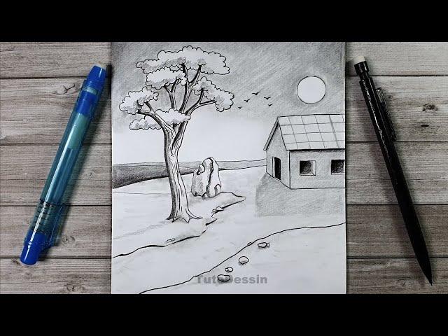 Paysage dessiner au crayon de papier | Tutoriel de dessin | Dessin facile à faire à la maison