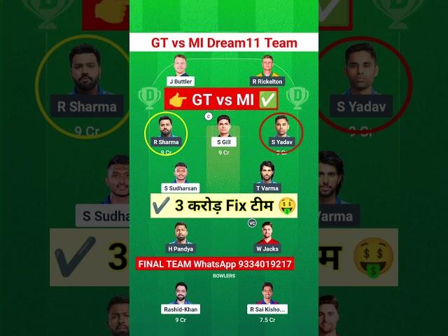 GT vs MI Dream11 Prediction | GT vs MI Dream11 Team Of Today Match | GT vs MI Ipl 2025 | #dream11