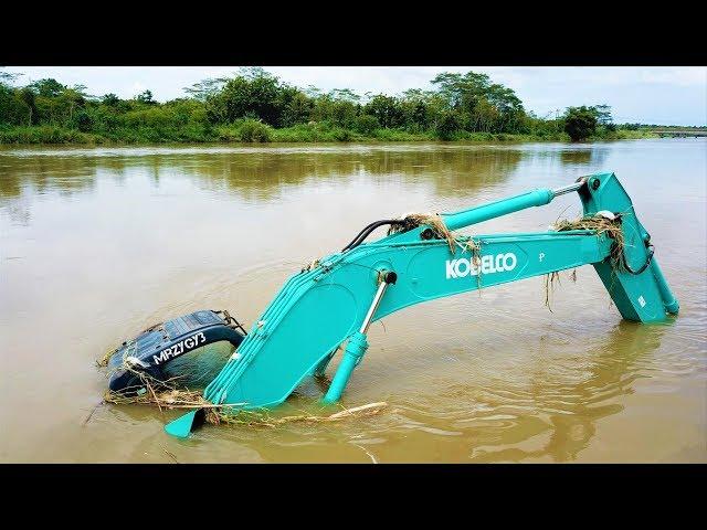 Excavator Accident Sink Underwater Heavy Recovery Kobelco SK200 Extended