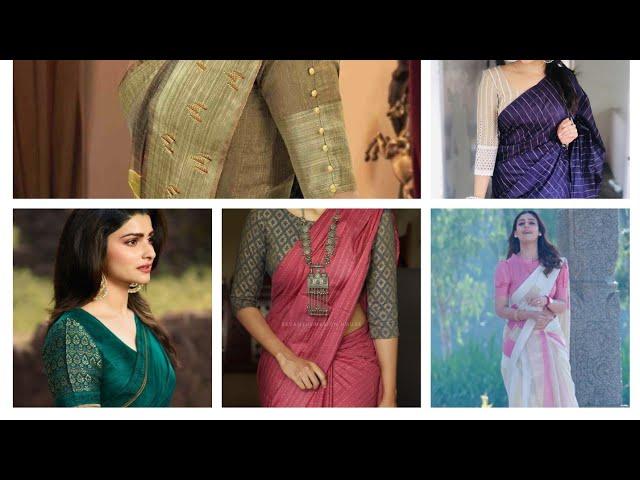 cotton saree collection with fancy latest trendy blouse design ideas/ linen saree wala blouse design