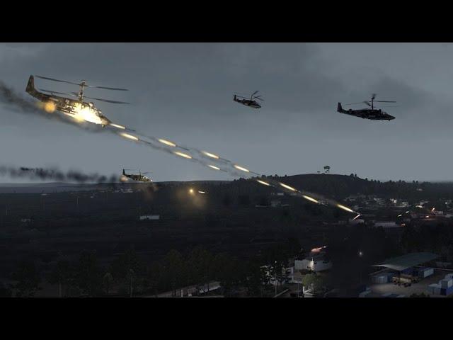 Multiple Attack Helicopter firing Missiles at Military Outpost - Military Simulation - ARMA 3