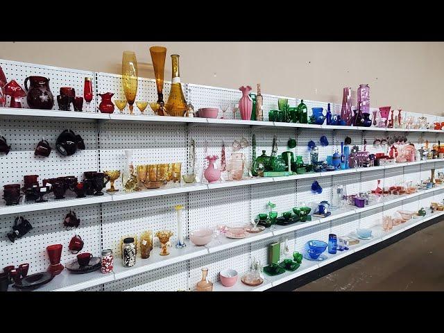 Vintage Home Decor Booth Tour of Glassware |Wall of Glass Display | Colored Glass | Shop with Me