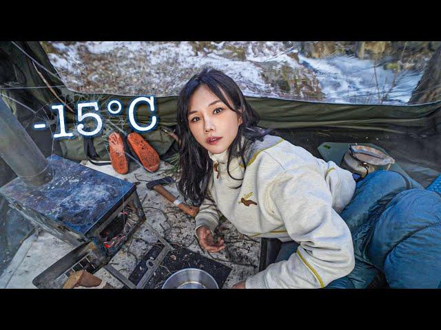 A night spent alone next to a frozen valley at -15℃️ / kimchi & Makgeolli / solo camping