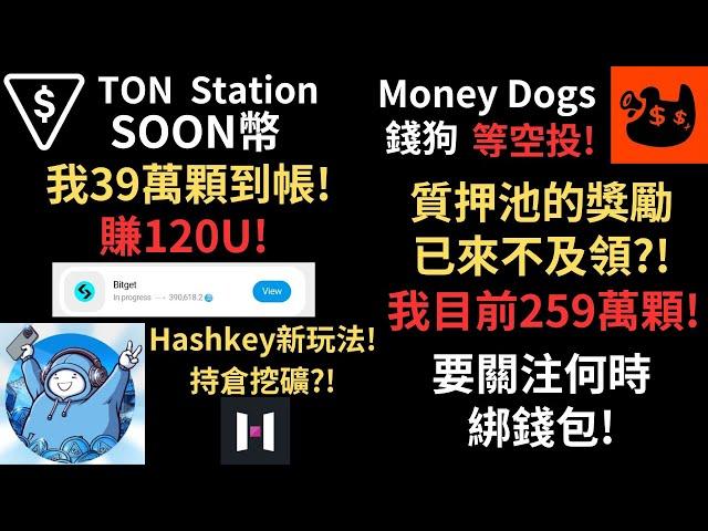 TON Station! SOON幣已到帳! 我39萬顆賺120U! Hashkey交易所新玩法! 合約持倉就可挖礦! Money Dogs錢狗! 我259萬顆! 要關注何時綁錢包!（建議1.5倍速）