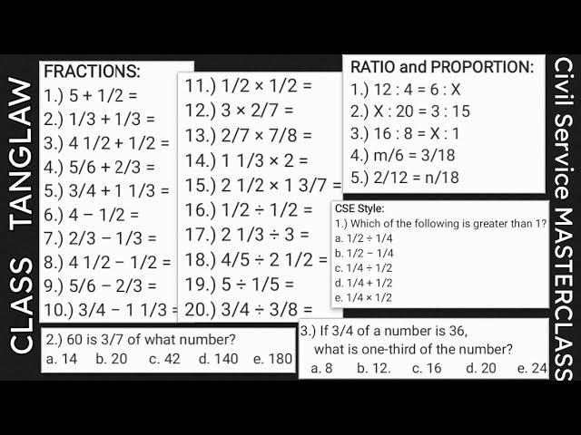 Basic MATH to Civil Service Style questions: FRACTIONS, RATIO & PROPORTION, Civil Service Style Qs